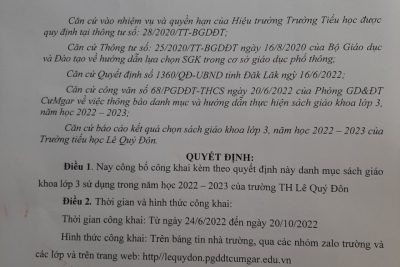 TRƯỜNG TH LÊ QUÝ ĐÔN THÔNG BÁO DANH MỤC SÁCH GIÁO KHOA LỚP 3 NĂM HỌC 2022 – 2023